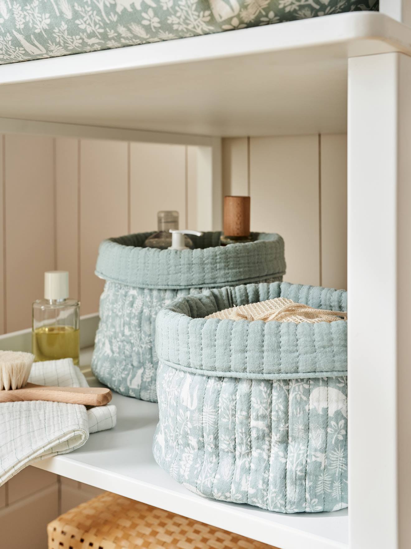 Lot de 2 petits paniers de rangement réversibles DANS LES BOIS vert sauge