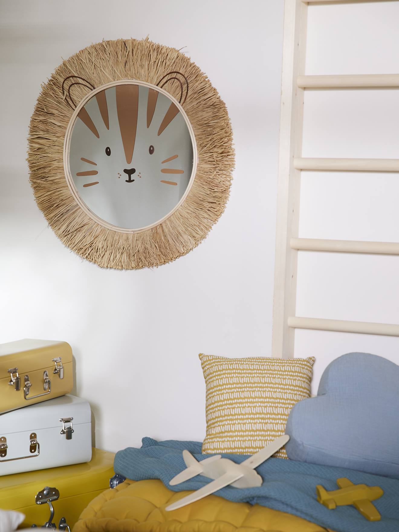 Miroir XL Lion en rotin et raphia moka