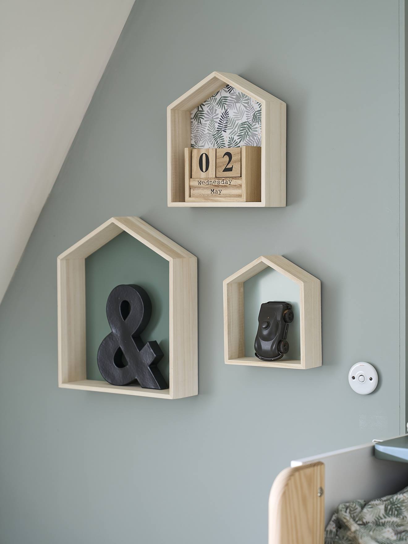 Lot de 3 étagères maison bois vert d'eau