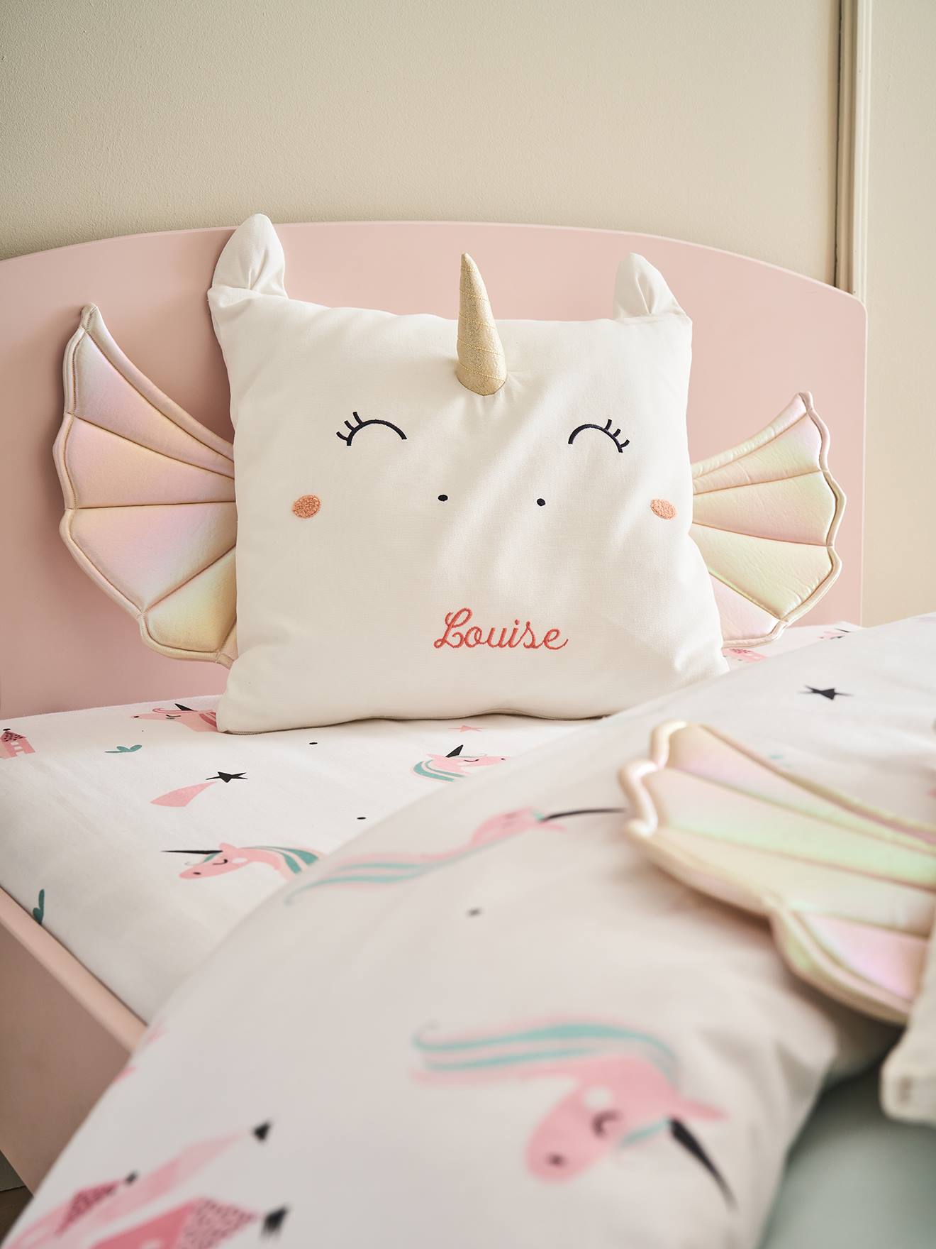 Vertbaudet - Coussin carré licorne personnalisable écru
