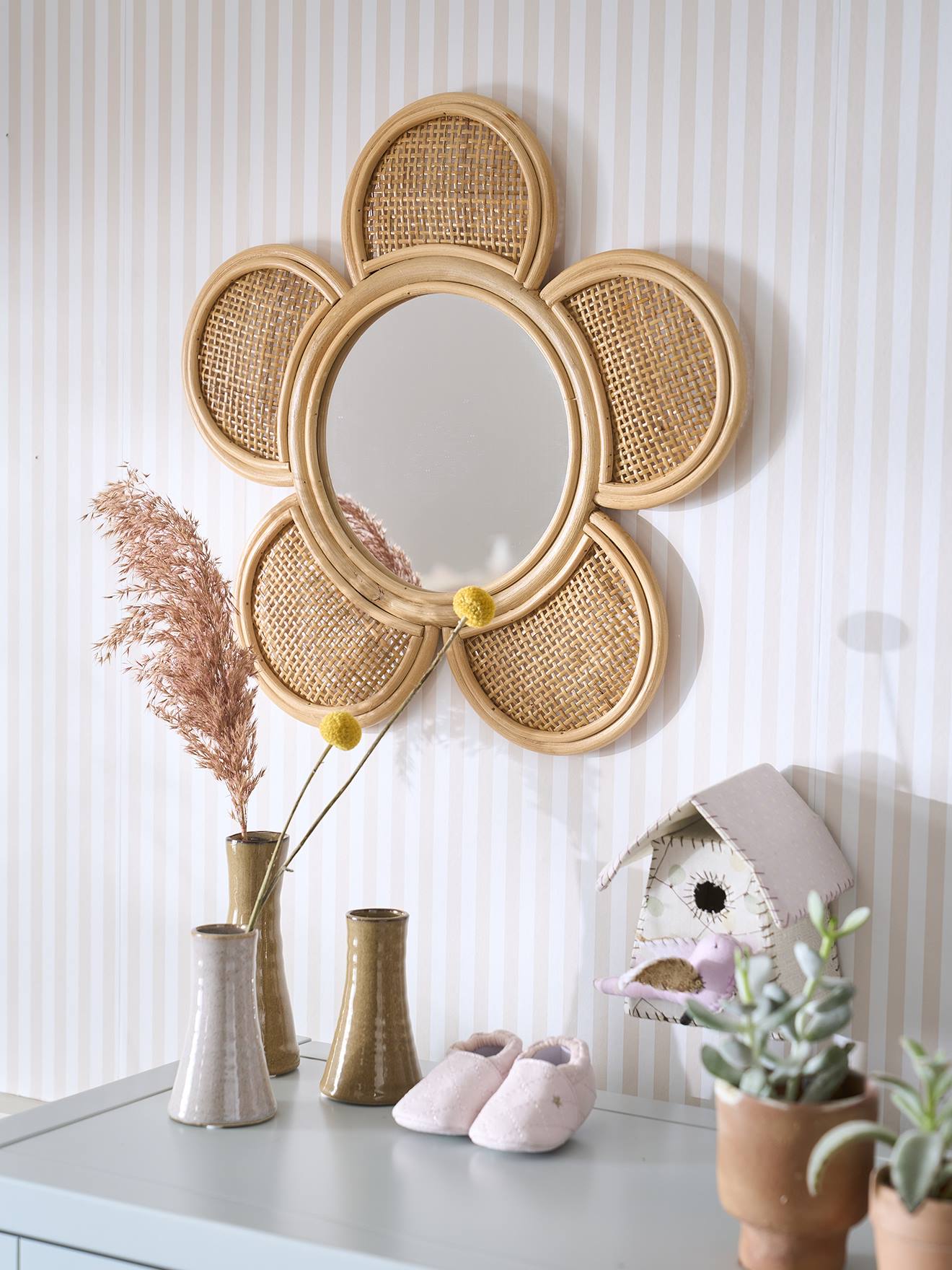 Miroir XL rotin et cannage Fleur beige doré
