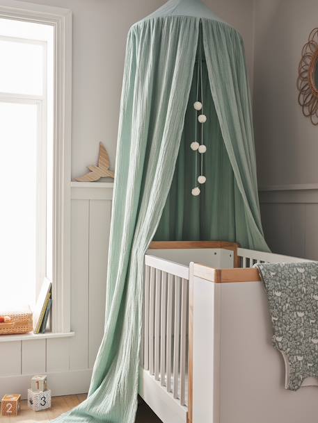 Vertbaudet - Ciel de lit en gaze de coton avec pompons vert sauge