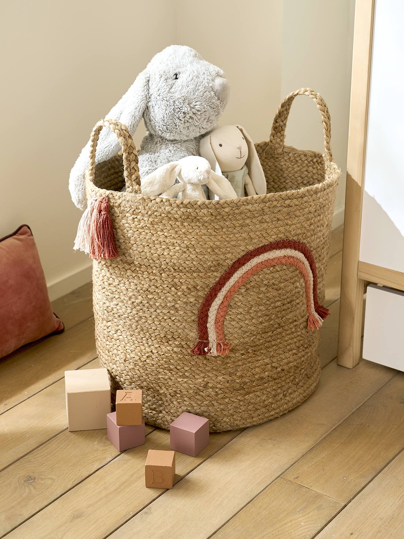 Panier de rangement Arc-en-ciel en jute avec pompons beige