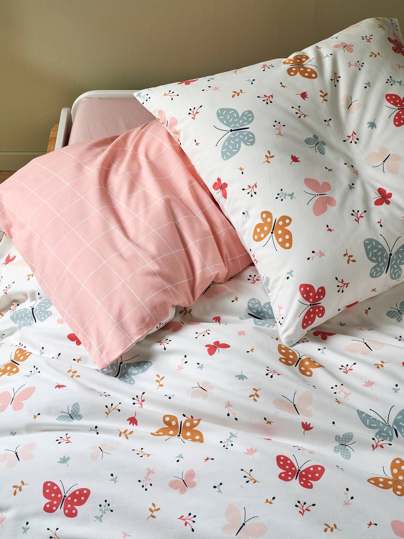 Parure housse de couette enfant et taie d'oreiller PAPILLONS rose