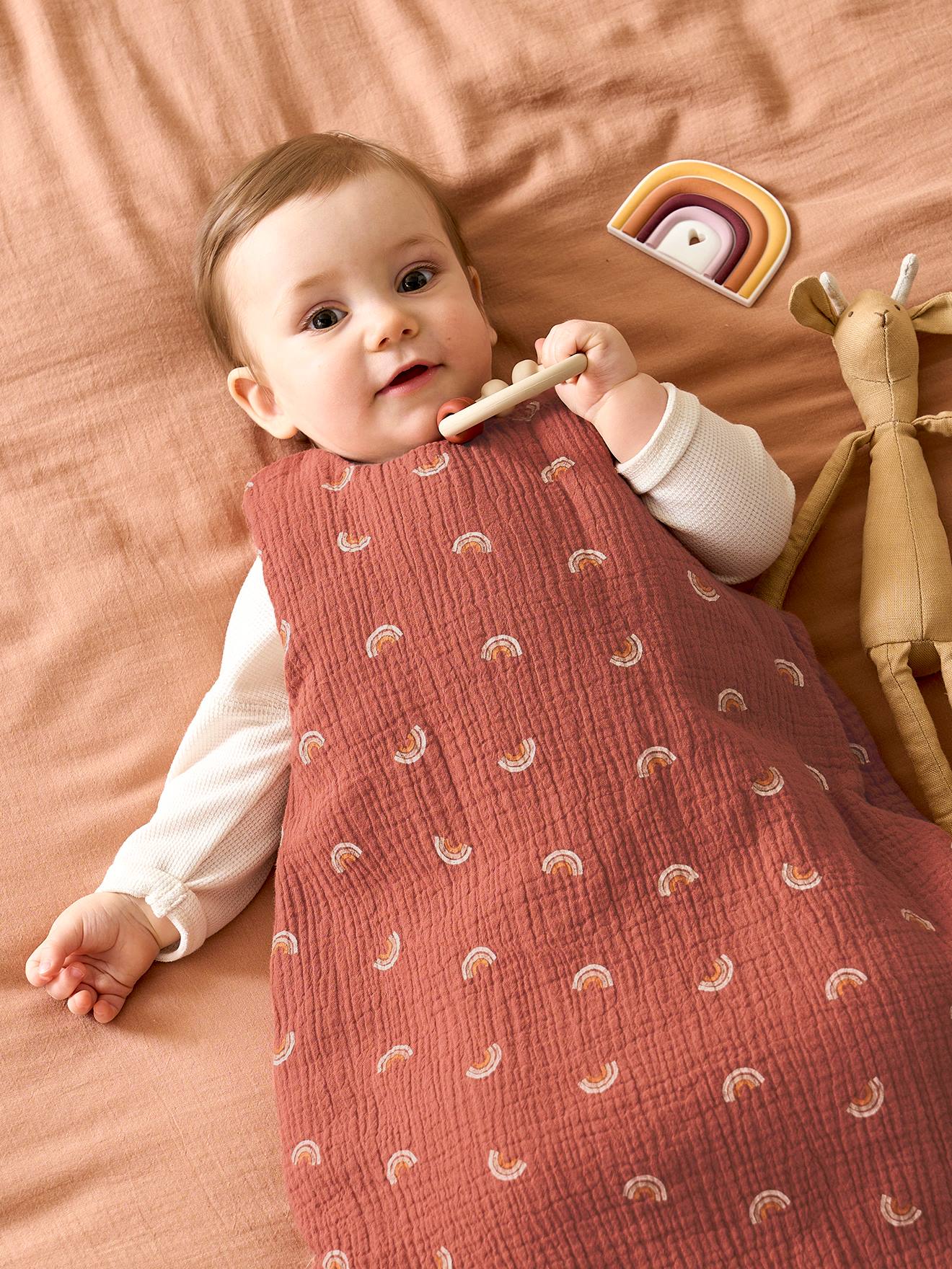 Vertbaudet - Gigoteuse sans manches en gaze de coton bio* personnalisable HAPPY SKY marron imprimé