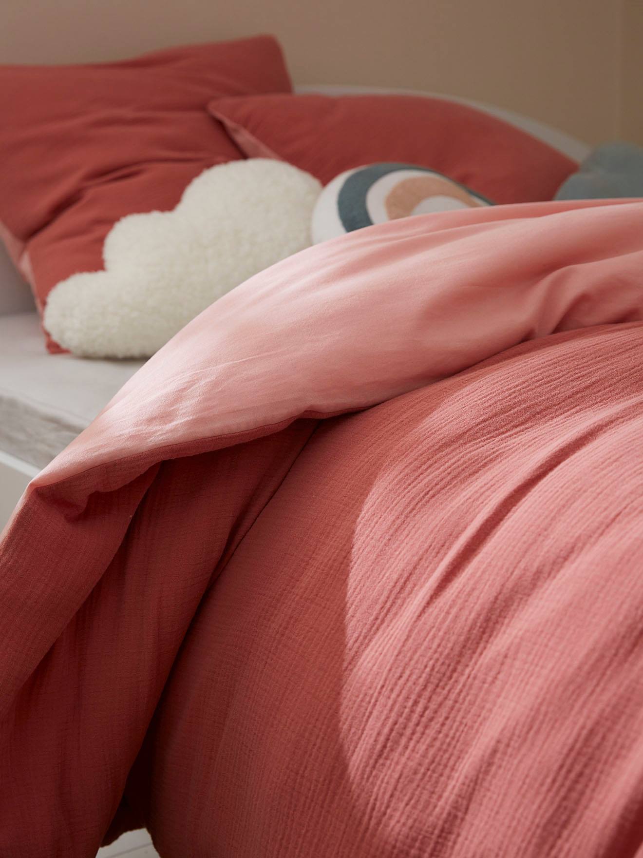 Parure housse de couette enfant et taie d'oreiller en gaze de coton rose