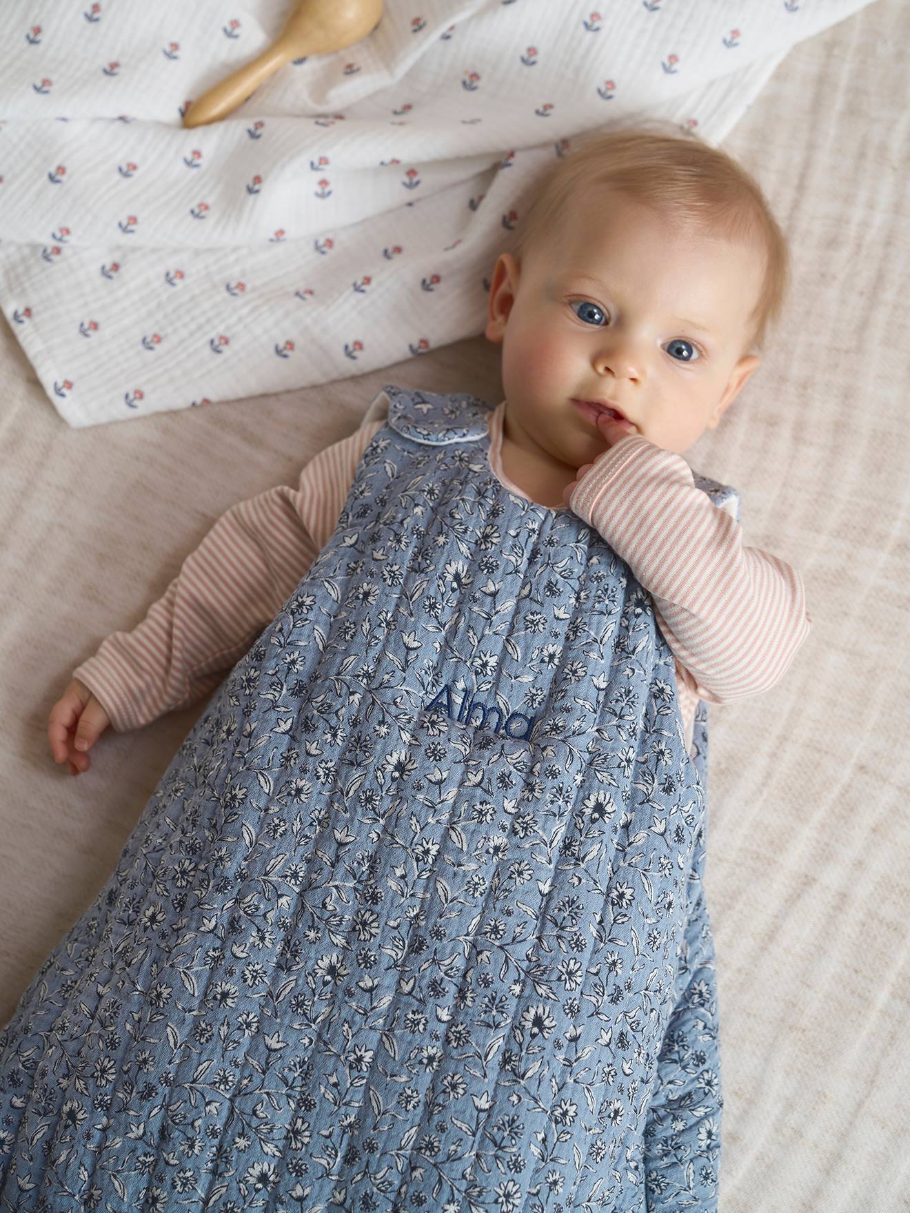 Gigoteuse sans manches en gaze de coton INDIA personnalisable bleu imprimé