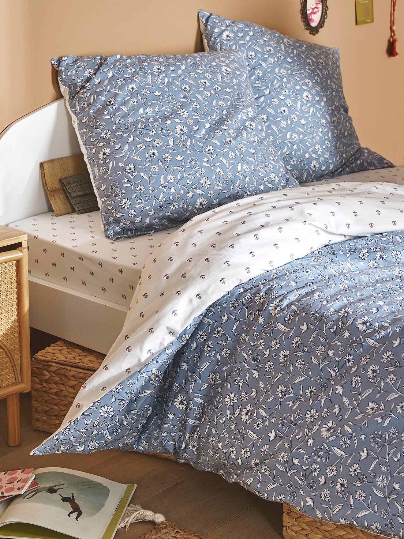 Parure housse de couette + taie d'oreiller enfant INDIA BLUE, réversible avec coton recyclé bleu imprimé