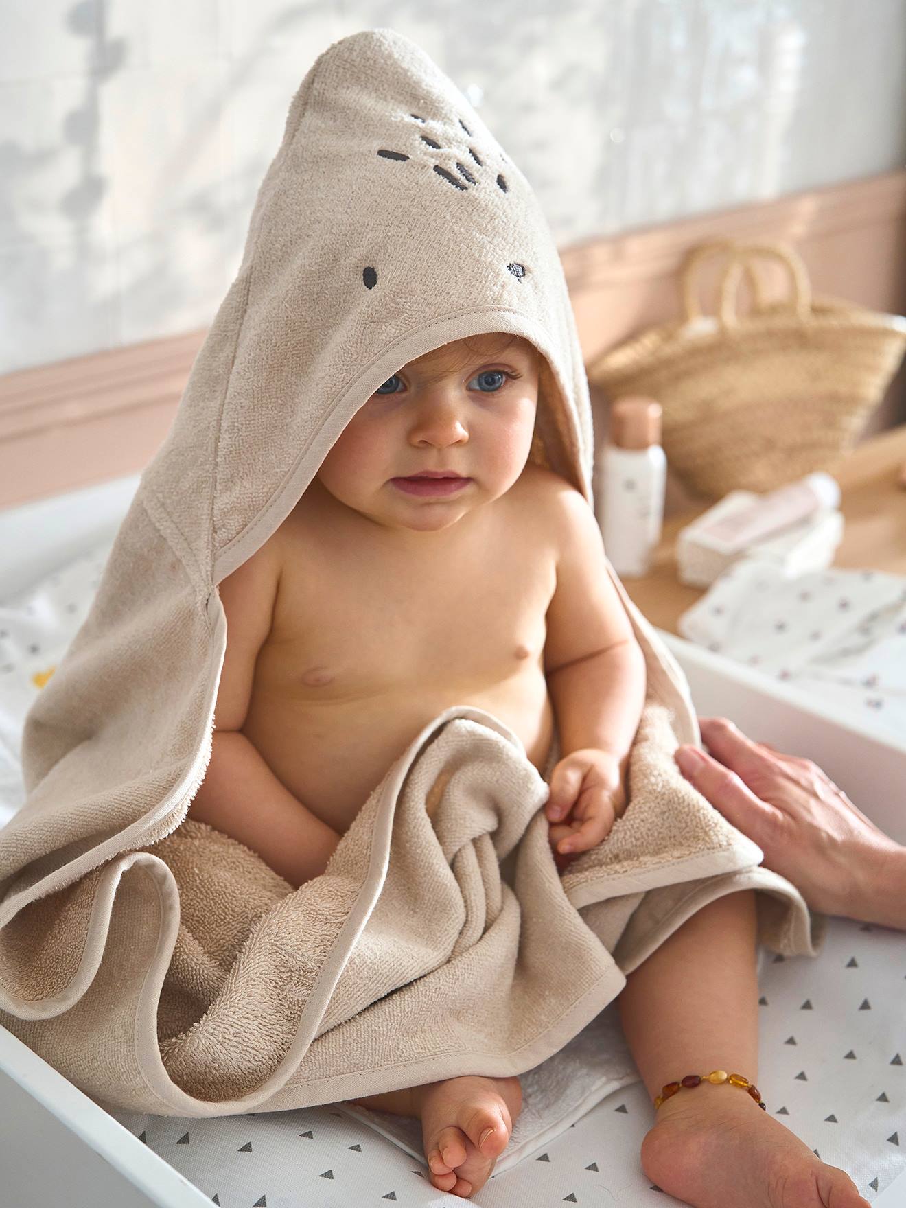 Cape de bain / Serviette à capuche Bébé et Enfant, avec coton recyclé sable