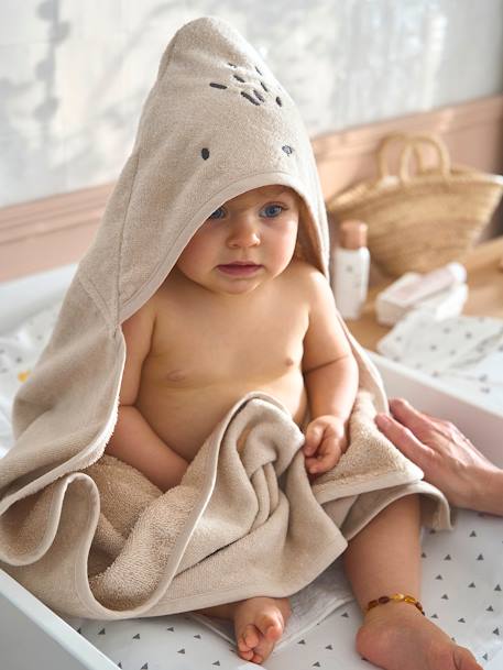 Vertbaudet - Cape de bain / Serviette à capuche Bébé et Enfant, avec coton recyclé sable