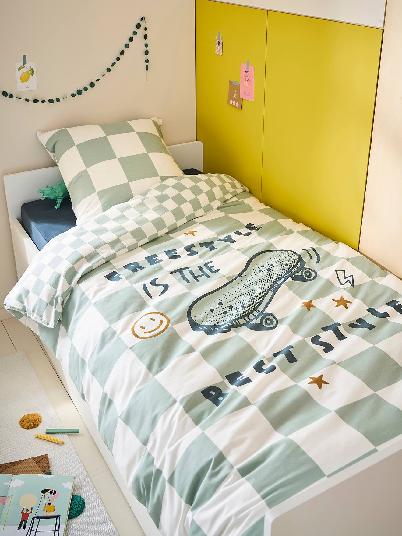 Parure housse de couette enfant et taie d'oreiller DAMIER FREESTYLE, avec coton recyclé carreaux vert