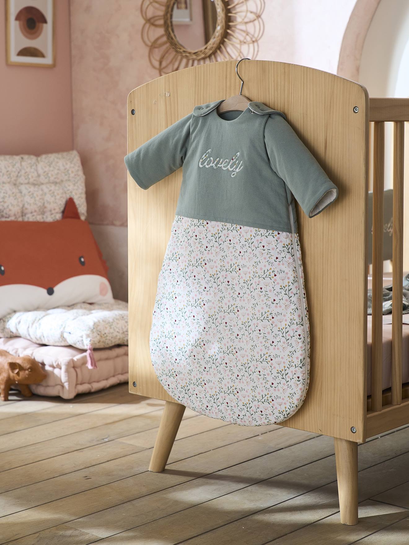 Gigoteuse hiver manches amovibles bi-matière FLEURETTES vert