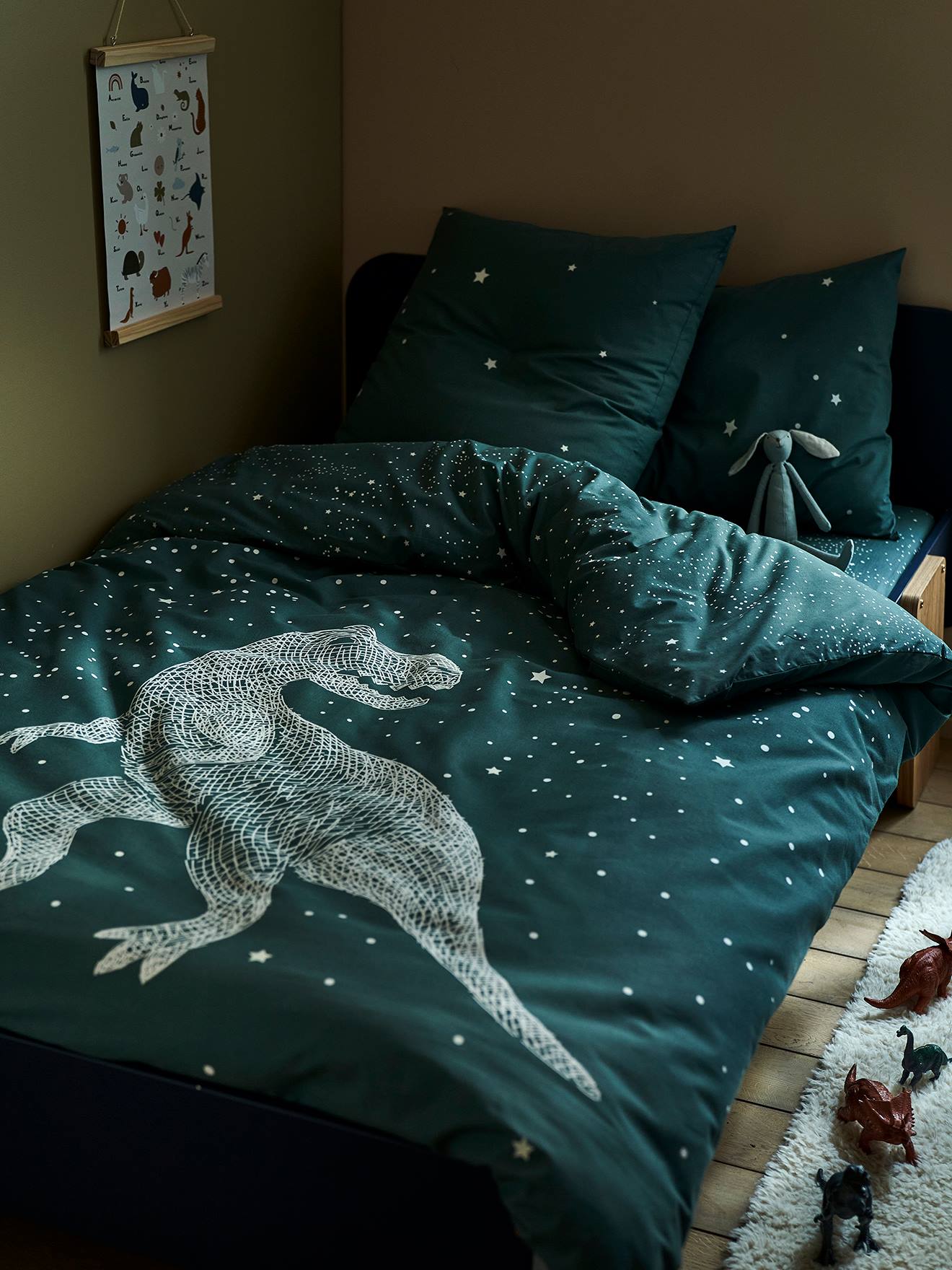 Parure housse de couette + taie d'oreiller avec détails phosphorescents GRAPHIC DINO vert