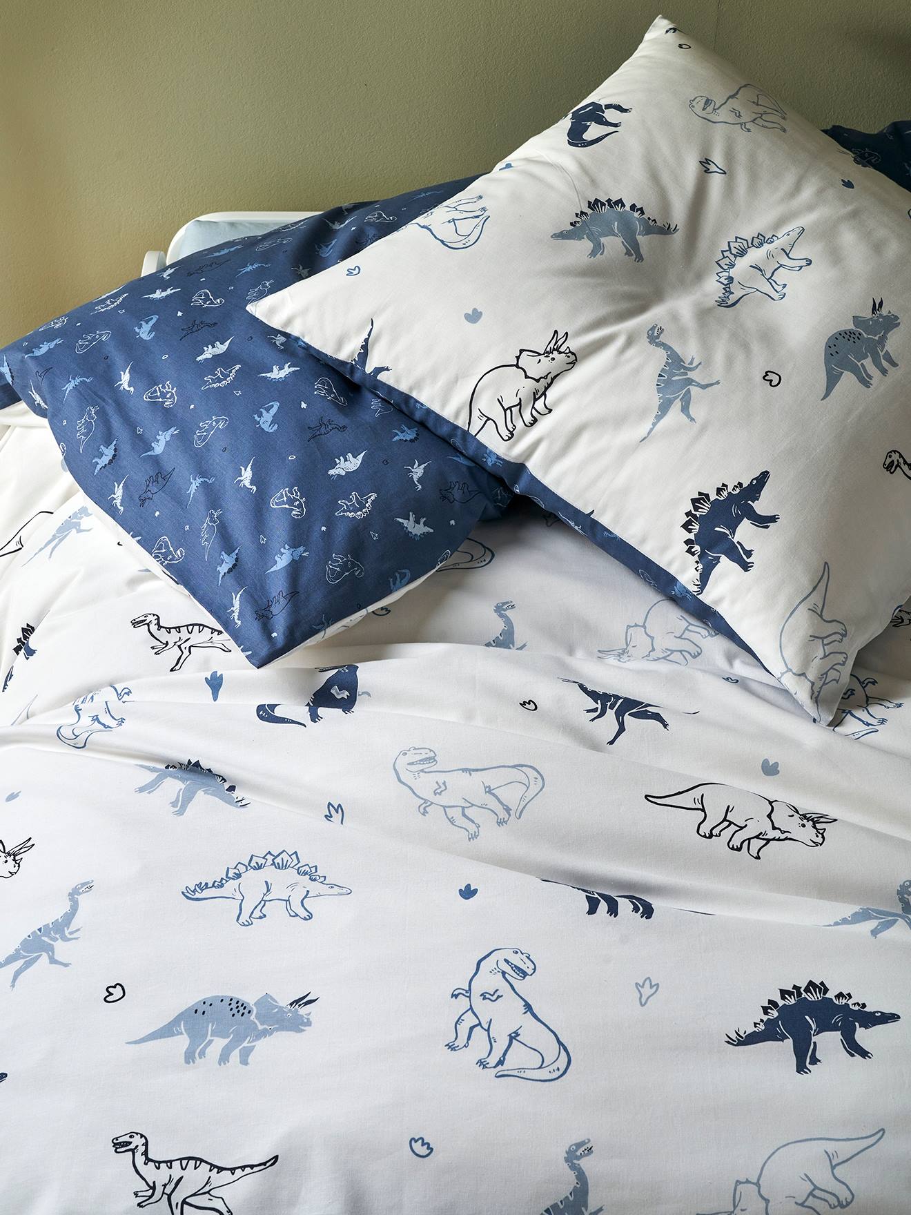 Parure housse de couette enfant et taie d'oreiller HELLO DINOS écru / vert