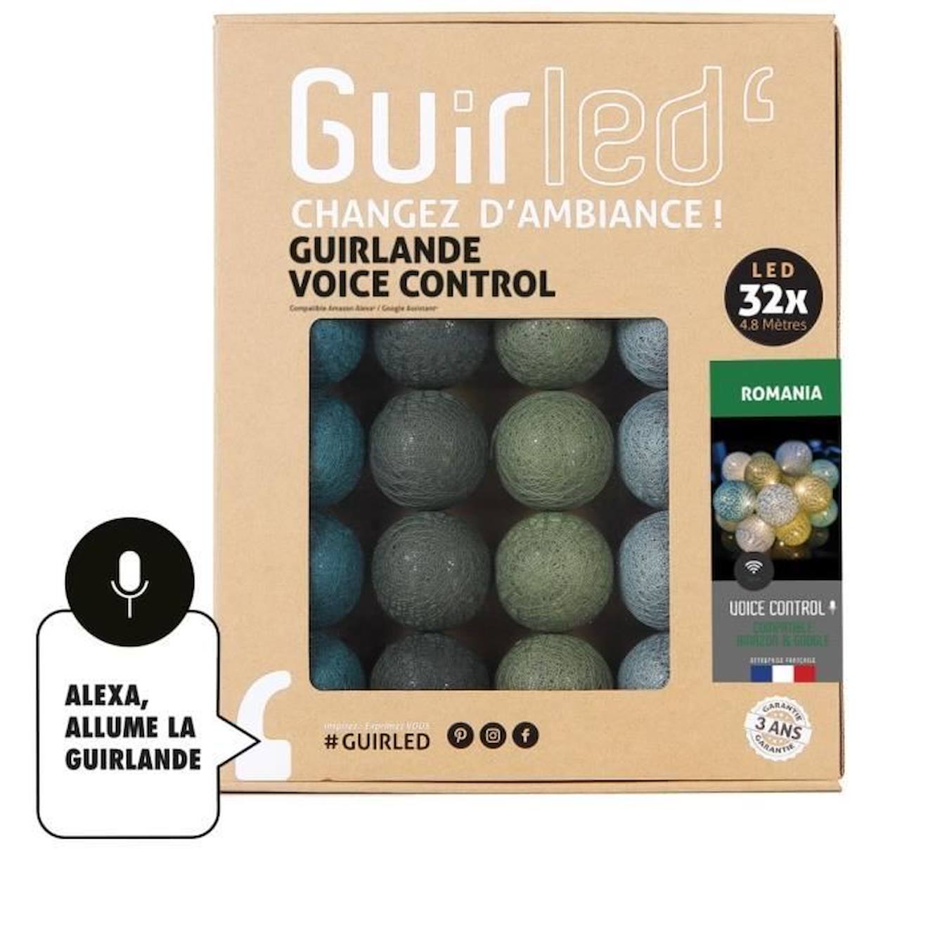 Guirled - Guirlande Lumineuse Boules Coton - Guirled - Romania - 4 Couleurs - Commande Vocale Google & Alexa Marron