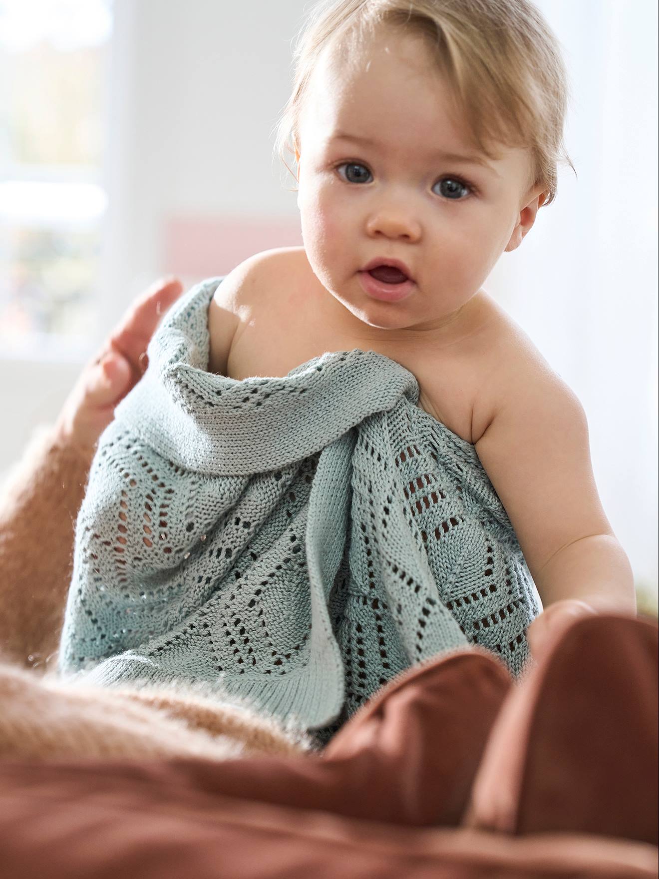 Couverture bébé tricot en coton bio* vert d'eau