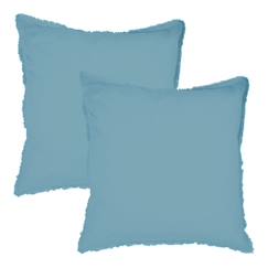 -Set de 2 taies d’oreiller unies à franges, COTON LAVÉ Bleu glacier 65x65 cm