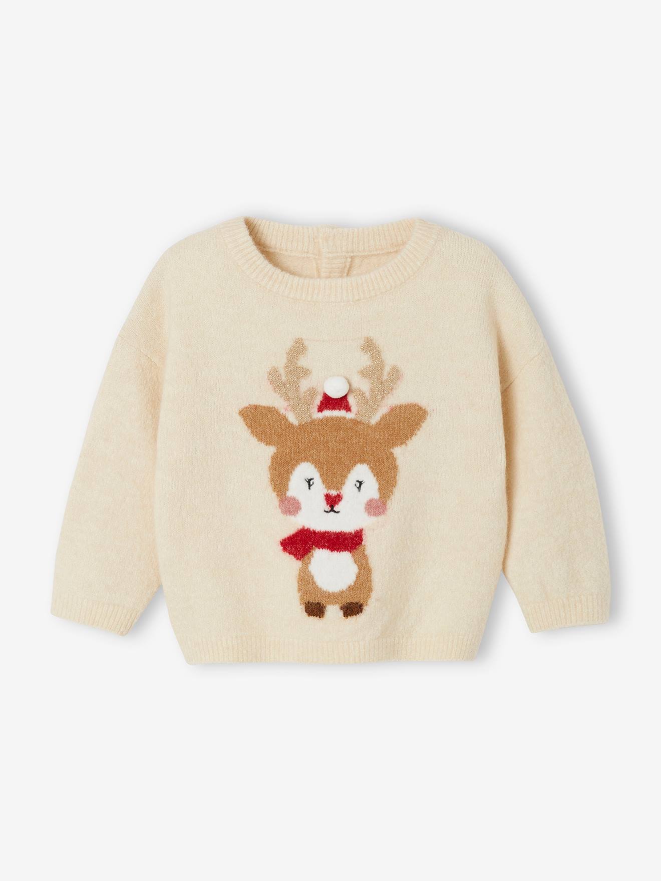 Pull de Noël renne détails brillants bébé beige poudré