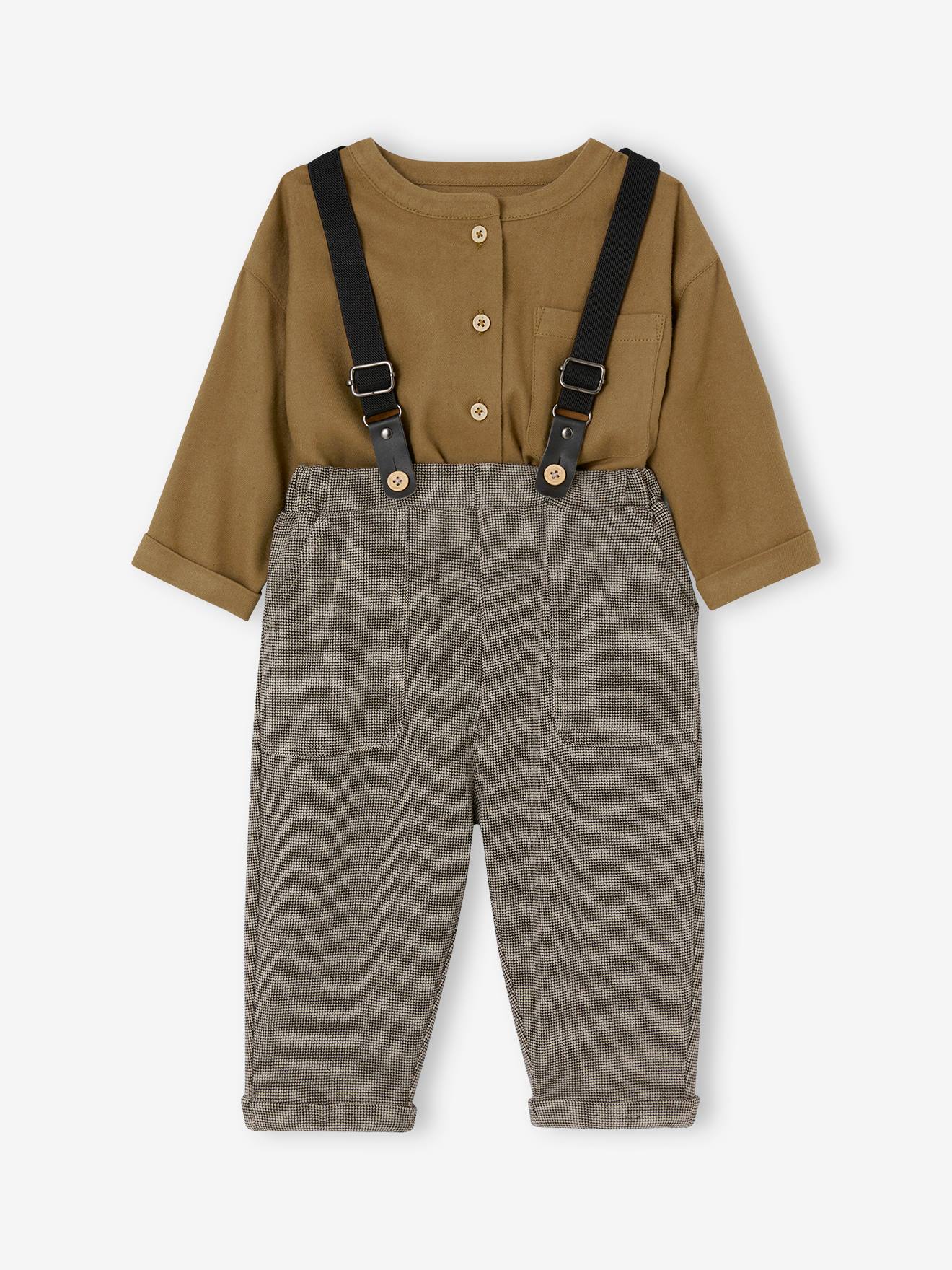 Ensemble chemise + pantalon à bretelles bébé garçon olive
