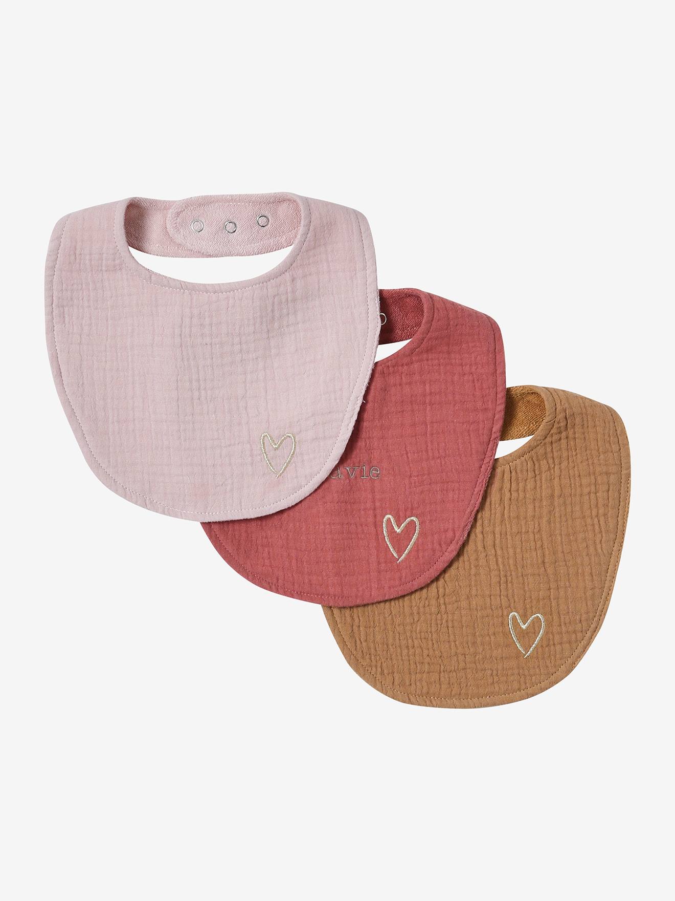 Lot 3 bavoirs naissance en gaze de coton lot rose (Vertbaudet) - Image 1