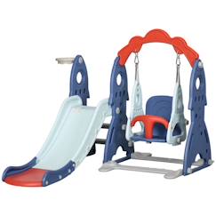 Jouet-Portique enfant toboggan et balançoire avec panier de basket-ball - aire de jeux 3 en 1 - usage intérieur extérieur - bleu rouge