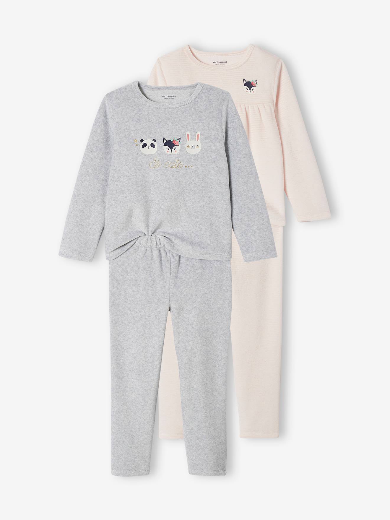 Lot de 2 pyjamas animaux fille en velours gris chiné