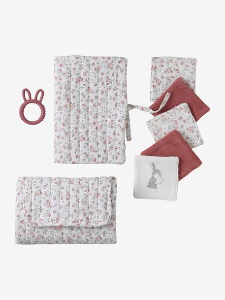 Coffret cadeau naissance 8 pièces : 1 hochet, 1 tapis à langer nomade, 5 lingettes, 1 pochette Babylone+Bayou+blanc imprimé 18 - vertbaudet enfant 