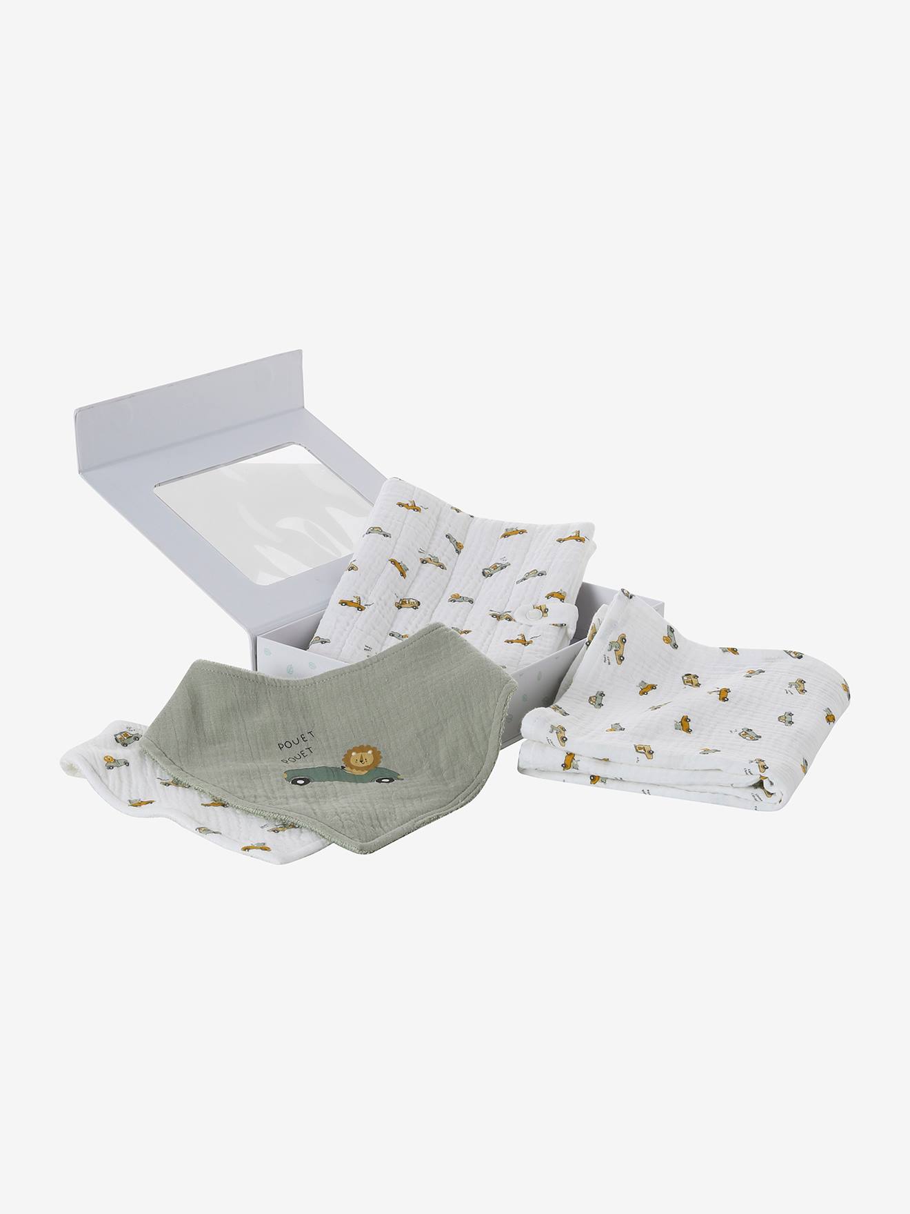 Coffret cadeau naissance 4 pièces : 2 bavoirs + 1 lange + 1 protège-carnet multicolore