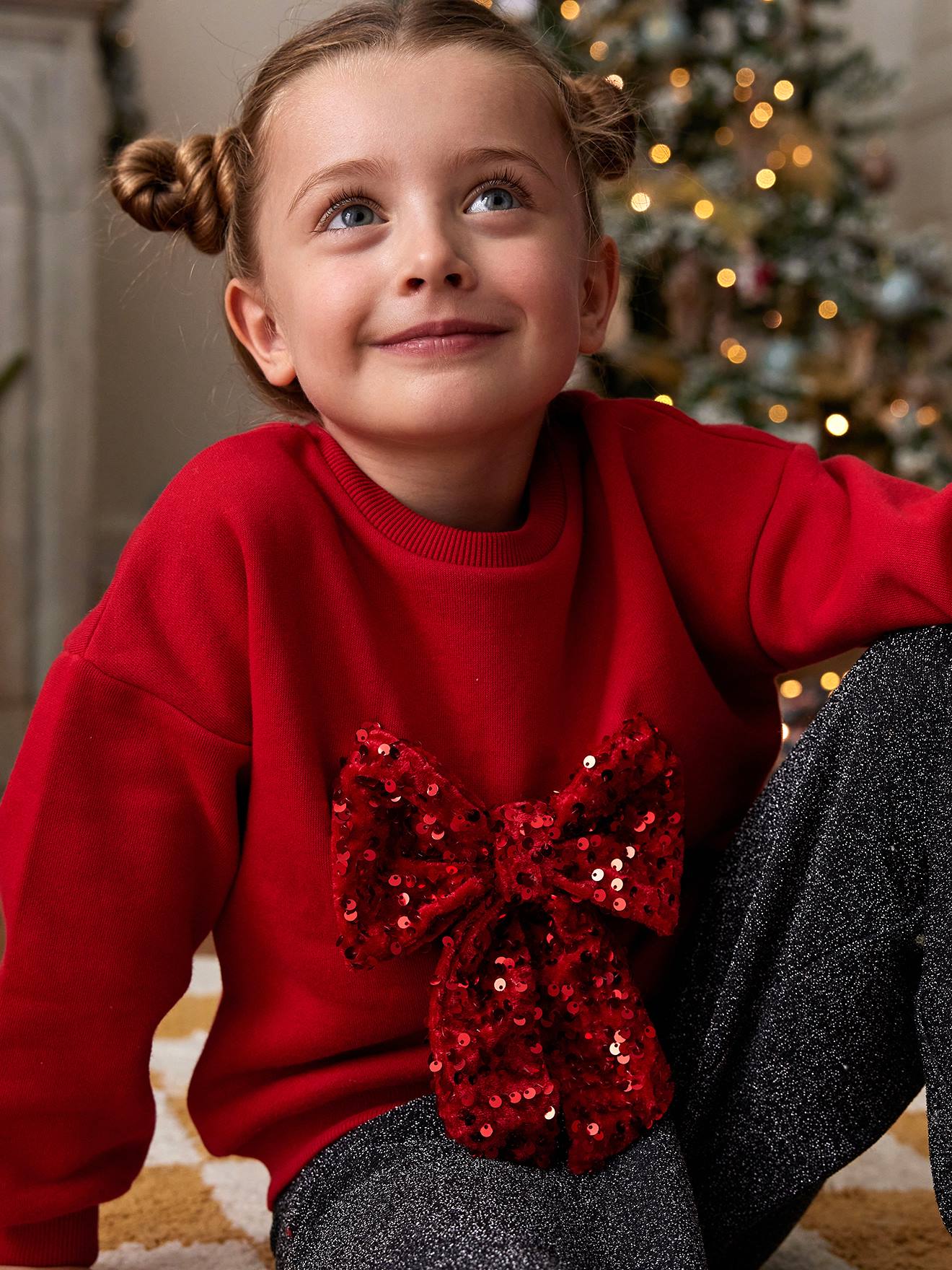 Sweat de Noël noeud en sequins fille rouge