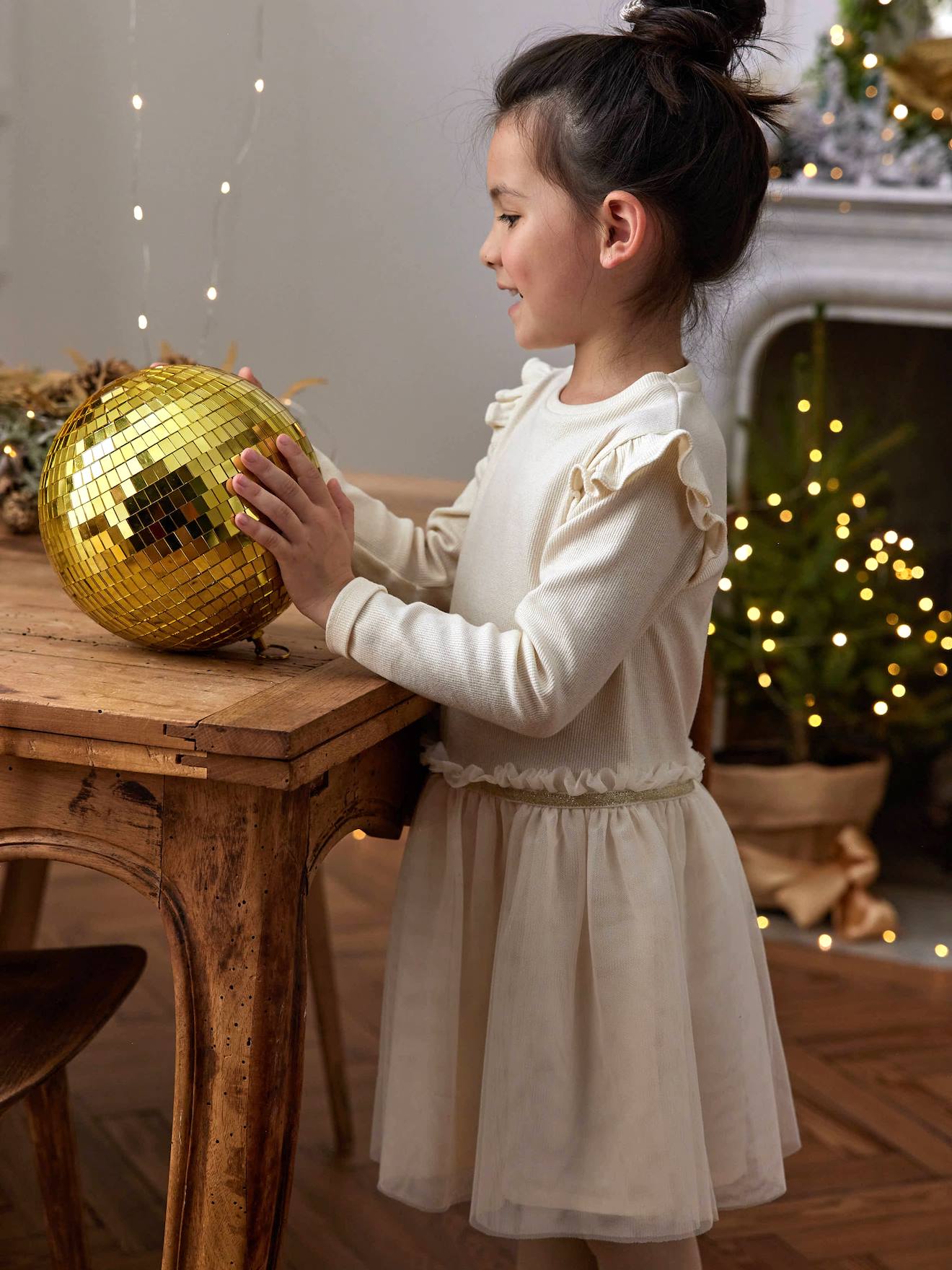 Robe de Noël bi-matière jupon en tulle fille écru
