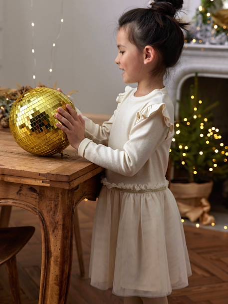 Fille-Robe Noël bi-matière jupon en tulle fille