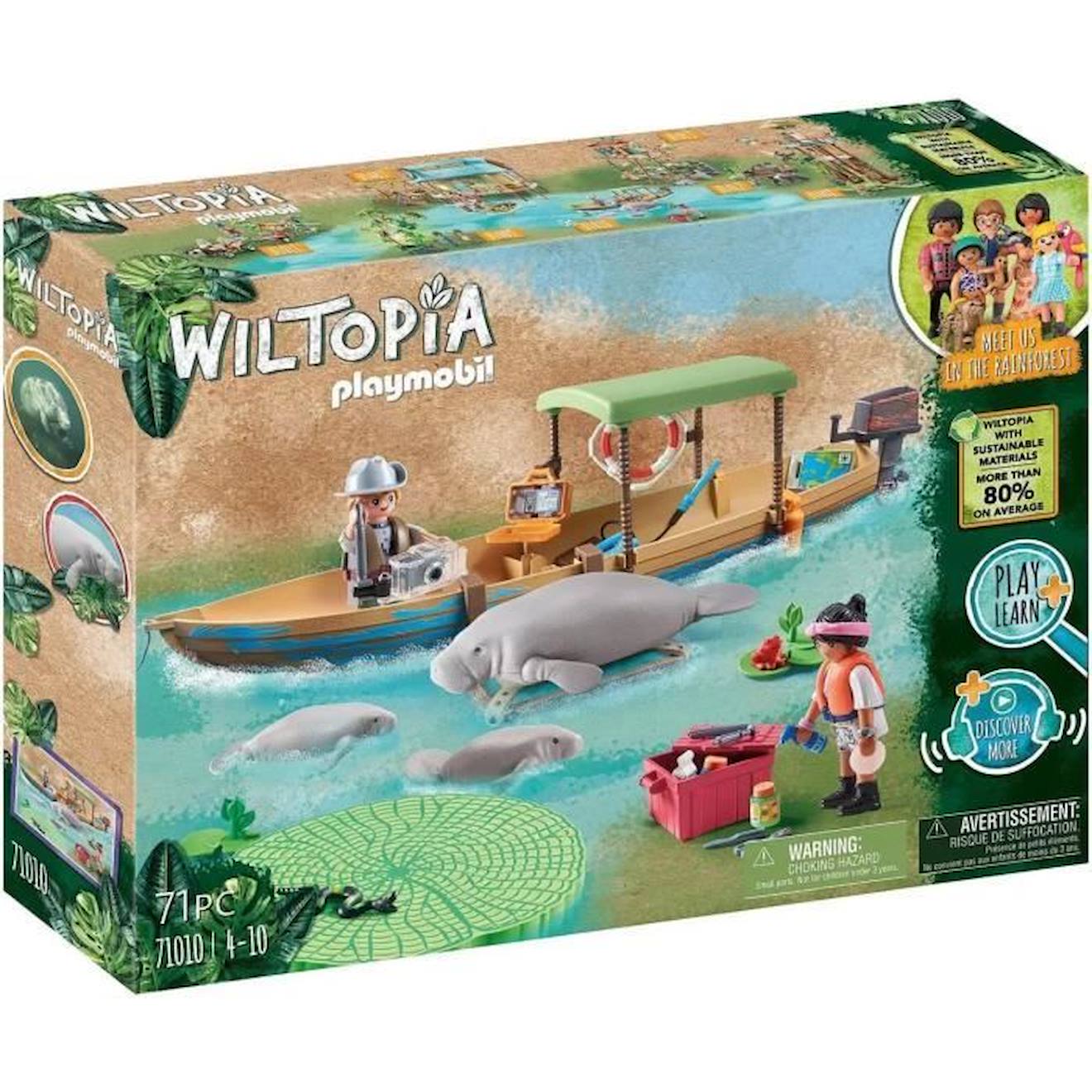 PLAYMOBIL - Playmobil 71010 Pirogue Et Lamantins, Wiltopia, Plus De 80% De Matériaux Recyclés Ou Biosourcés, Dès 4 Ans Marron