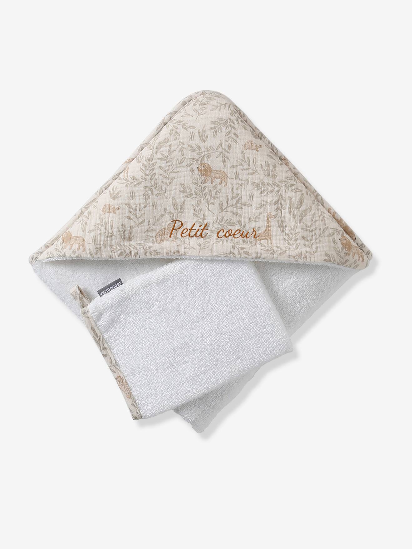 Cape de bain gaze de coton personnalisable + gant de toilette BABYLON beige imprimé (Vertbaudet) - Image 2