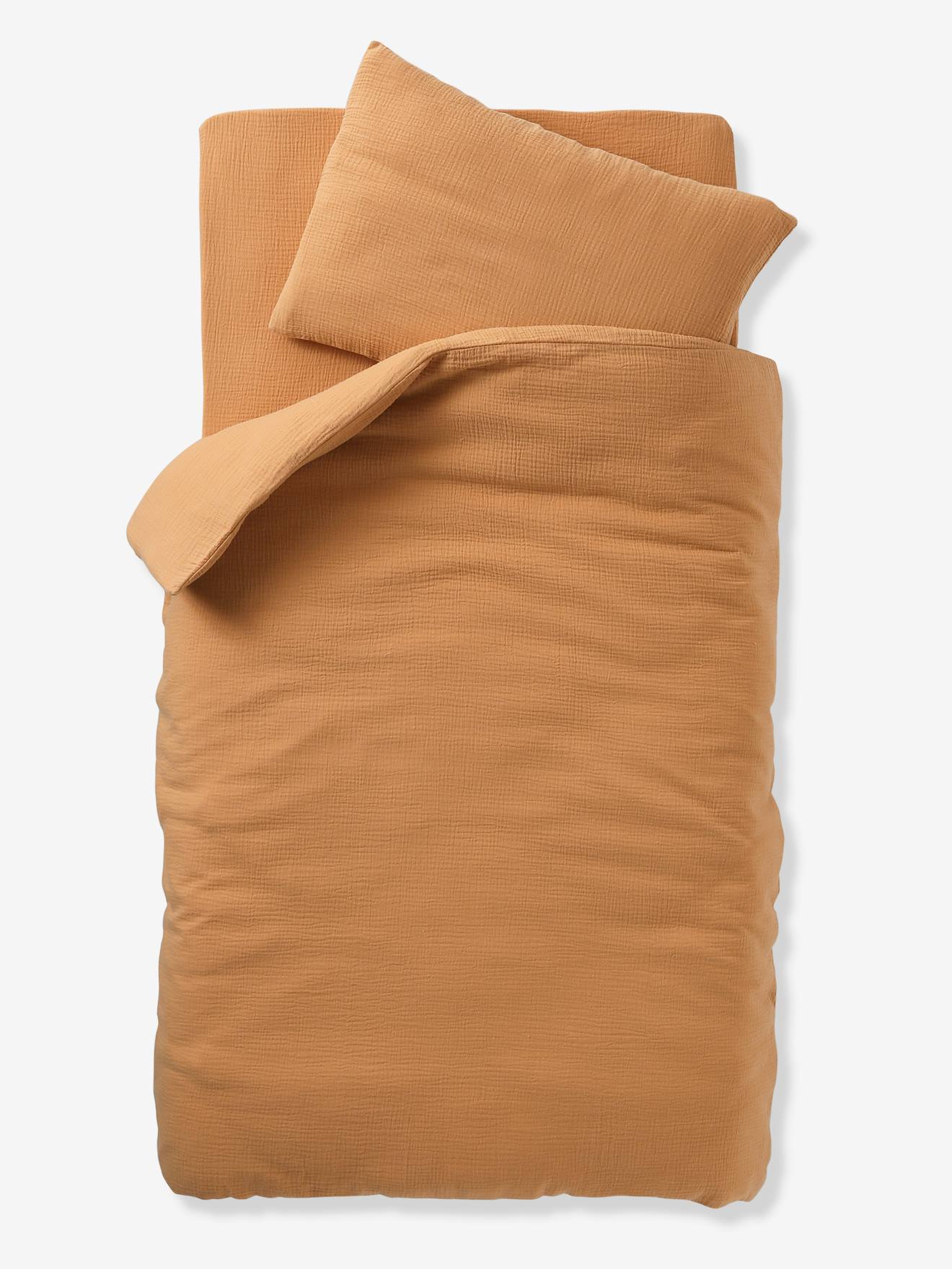 Parure bébé housse de couette + taie d'oreiller unie en gaze de coton Bio* ocre
