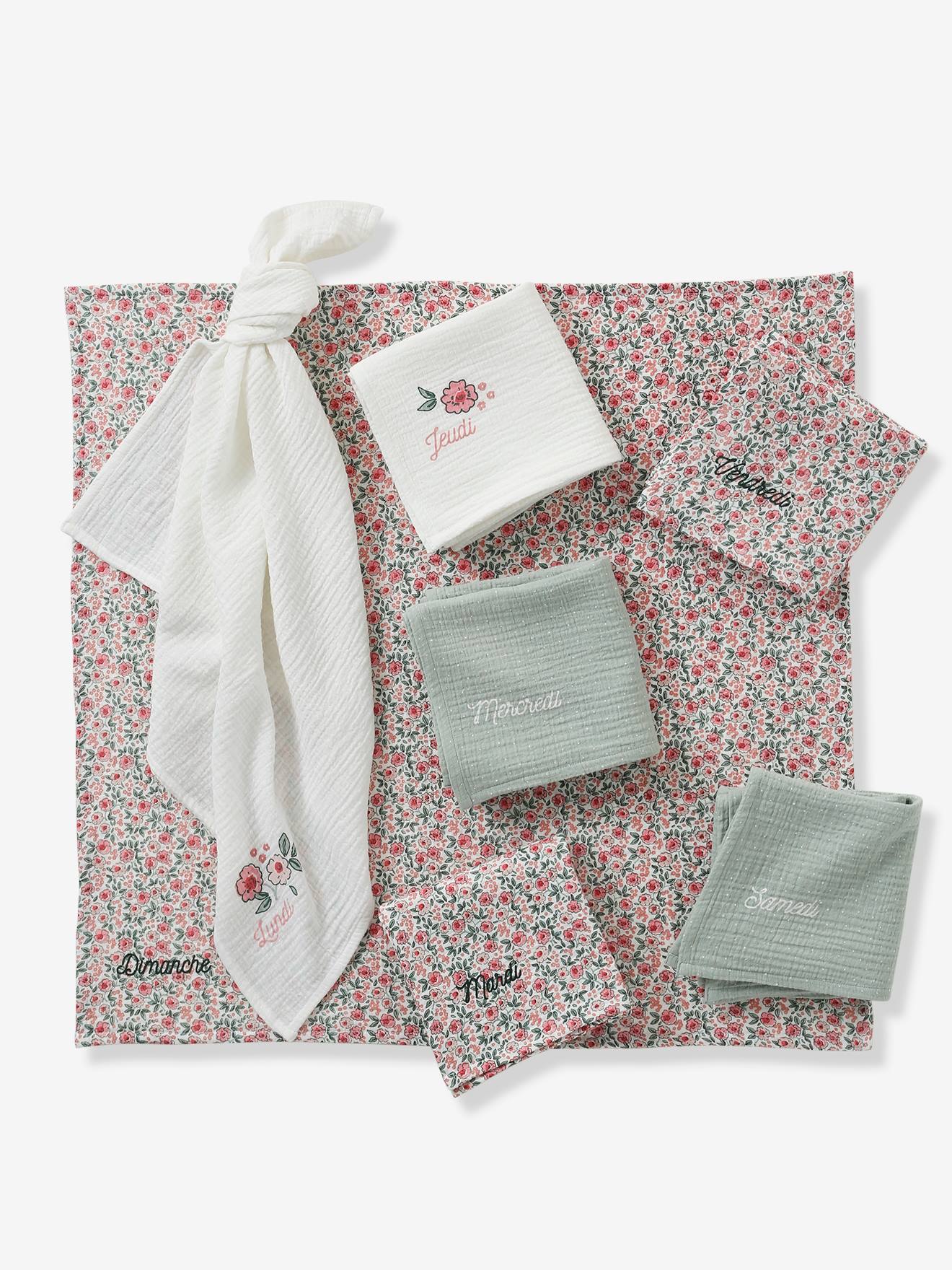 Coffret semainier de 7 langes en gaze de coton bio* lot rose