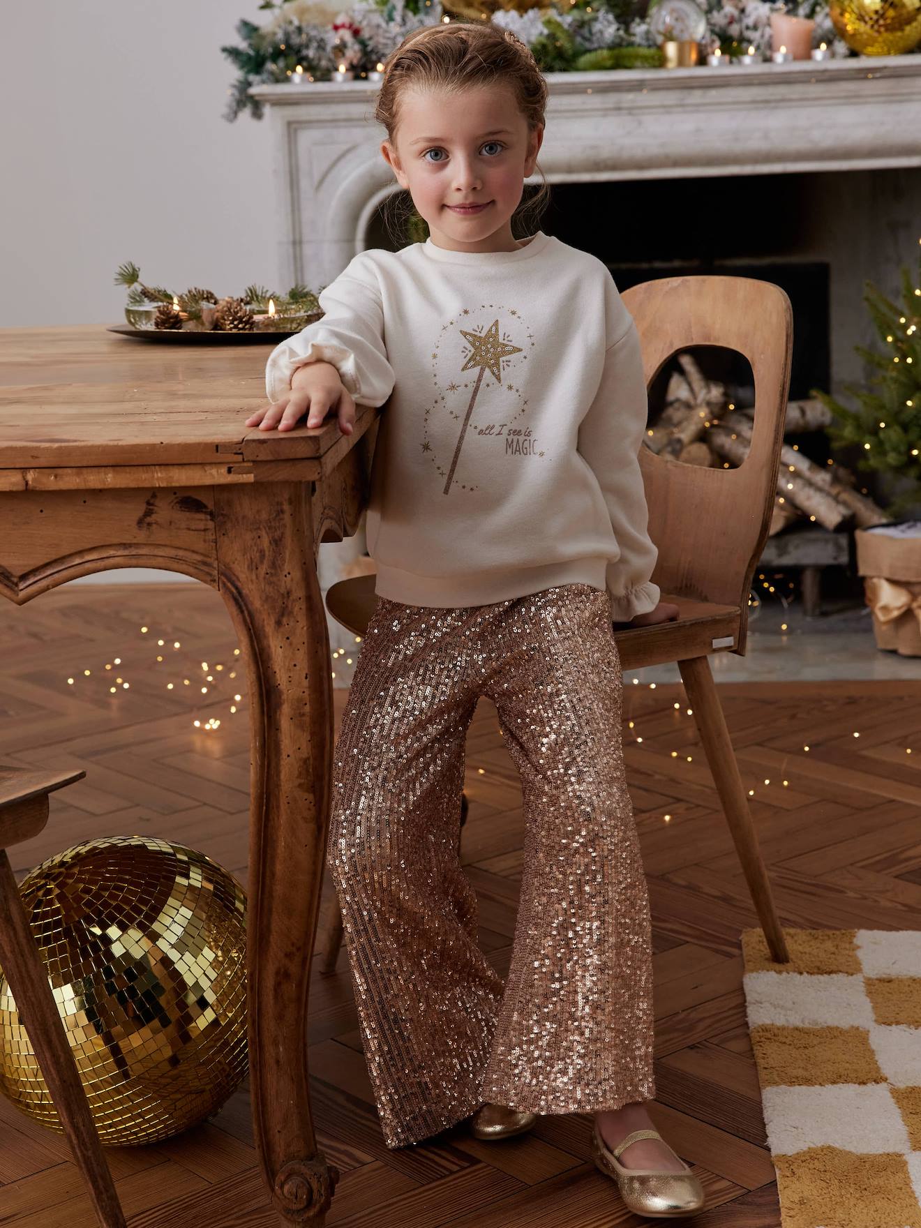 Pantalon large à sequins Noël fille or