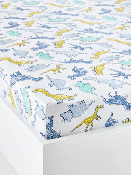 Drap Housse Enfant Dinomania Blanc Imprime Vertbaudet