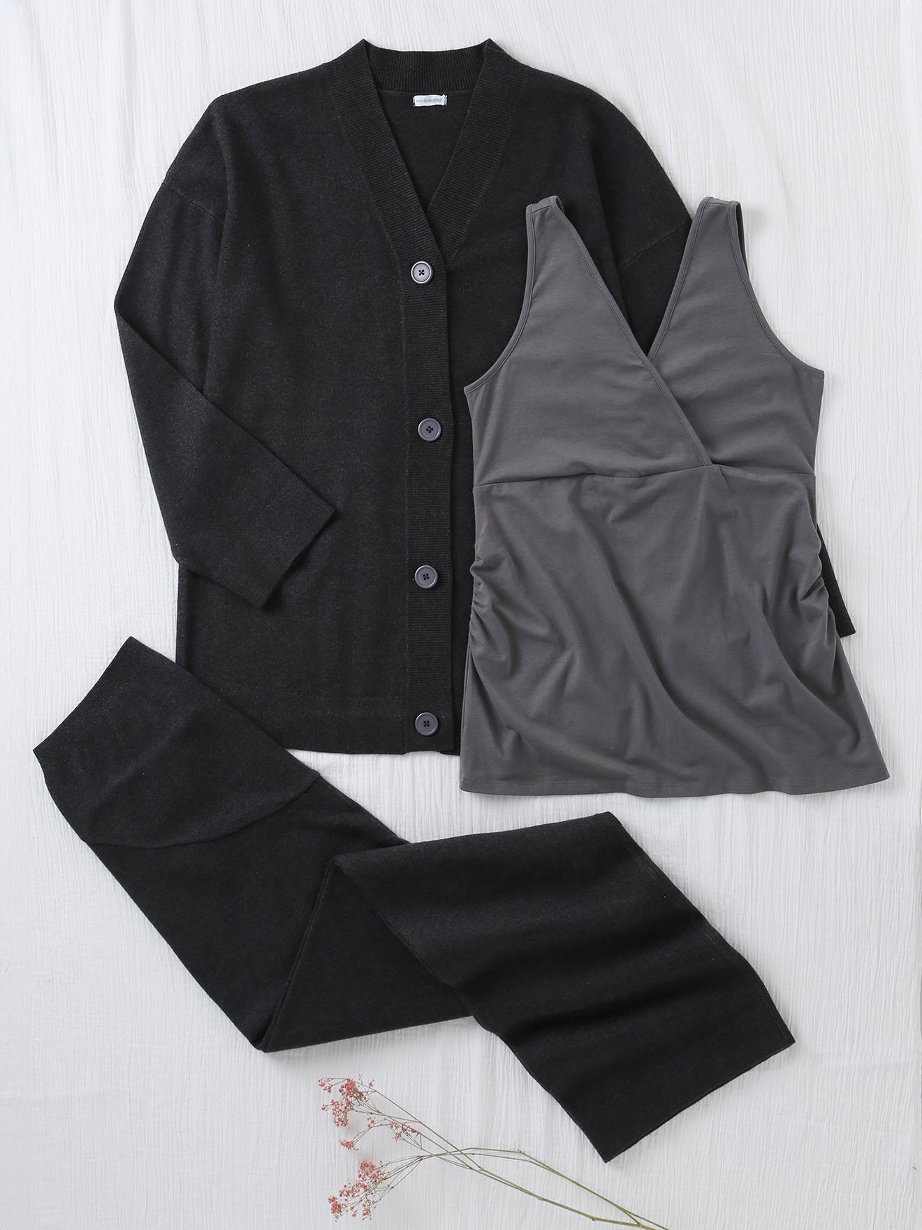Ensemble 3 pièces grossesse et allaitement débardeur + gilet + pantalon large anthracite