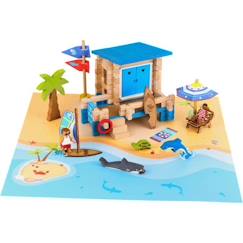 Jouet-Journée à la Plage 120 Pièces - JEUJURA - Jeu de Construction en Bois Naturel, Tapis et Accessoires Inclus, 32x27x11 cm