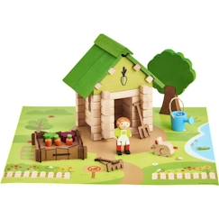 Jouet-La Cabane du Jardinier 60 Pièces - JEUJURA - Jeu de Construction en Bois Naturel, Tapis et Accessoires Inclus, 22x18,5x8,5 cm