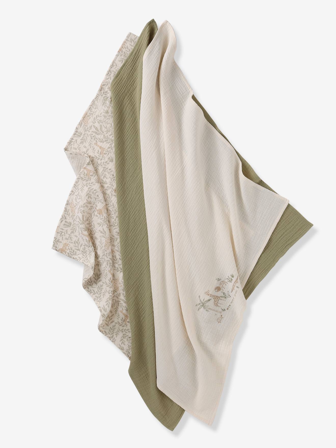 Lot de 3 langes en gaze de coton BABYLON beige imprimé (Vertbaudet) - Image 1