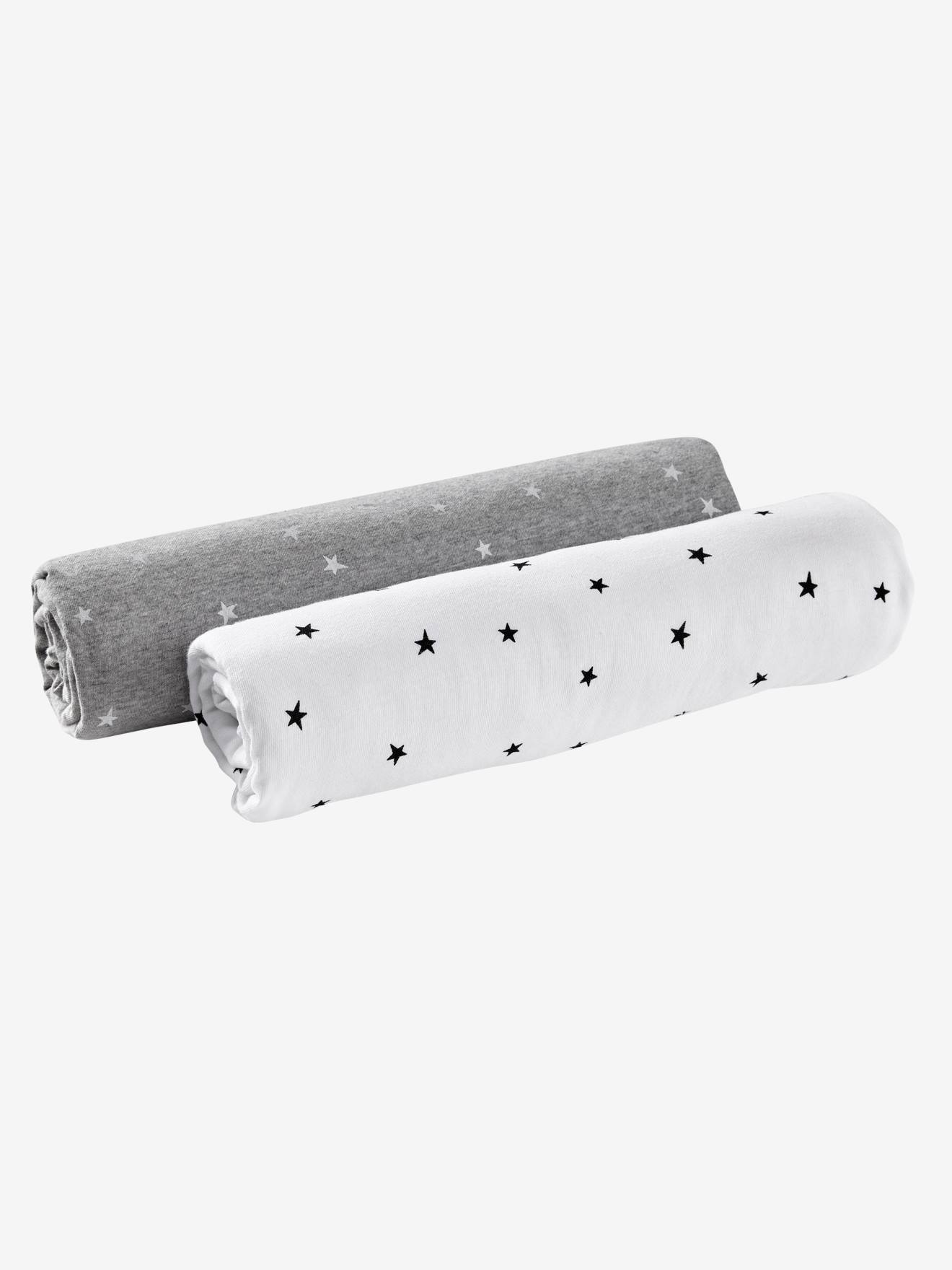 Lot de 2 draps-housses bébé en jersey extensible imprimé étoiles gris chiné/blanc (Vertbaudet) - Image 1