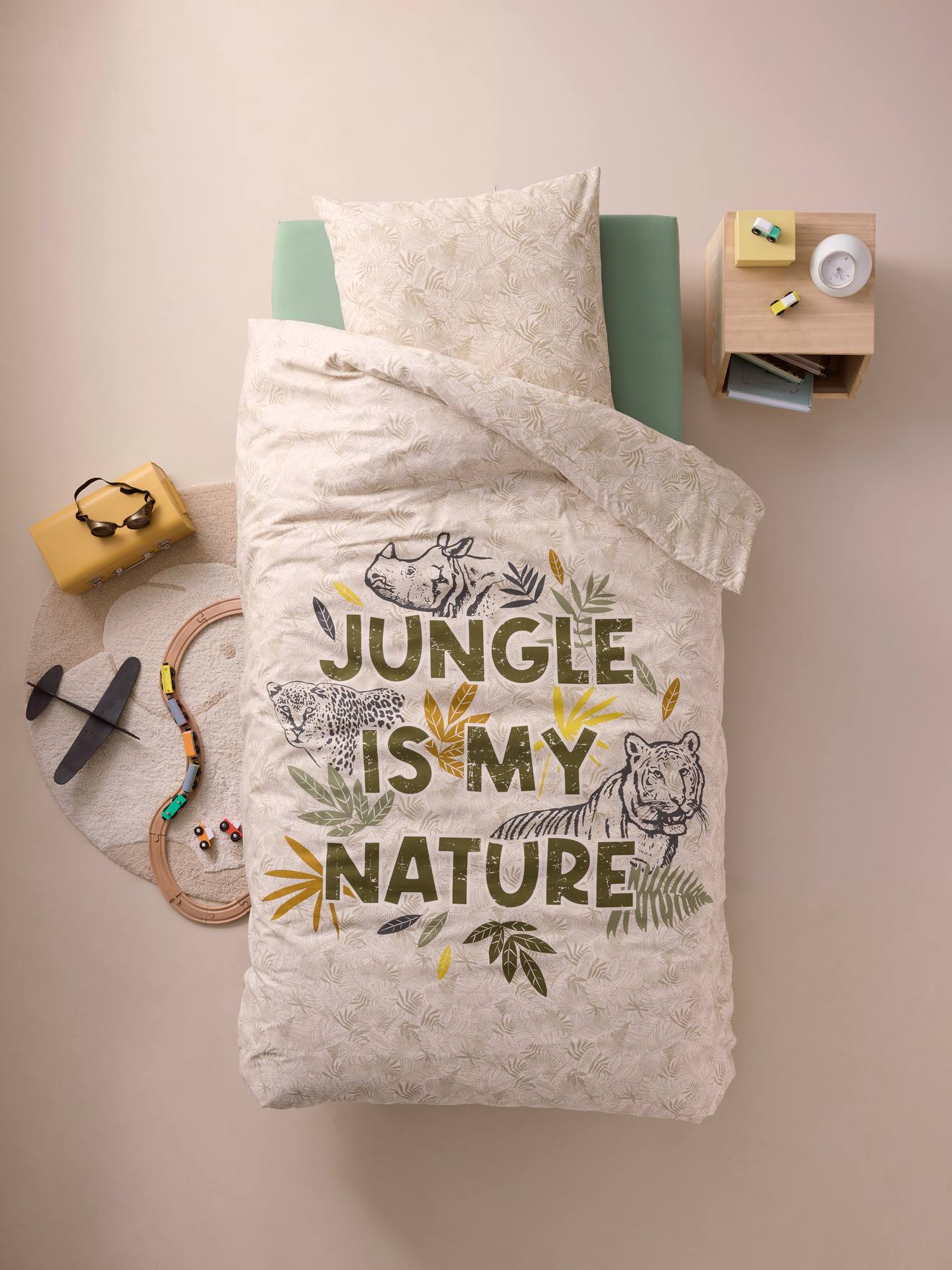 Parure housse de couette + taie oreiller enfant GREEN JUNGLE, avec coton recyclé vert imprimé
