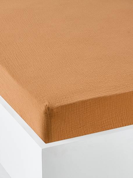 Vertbaudet - Drap housse bébé uni en gaze de coton Bio* ocre