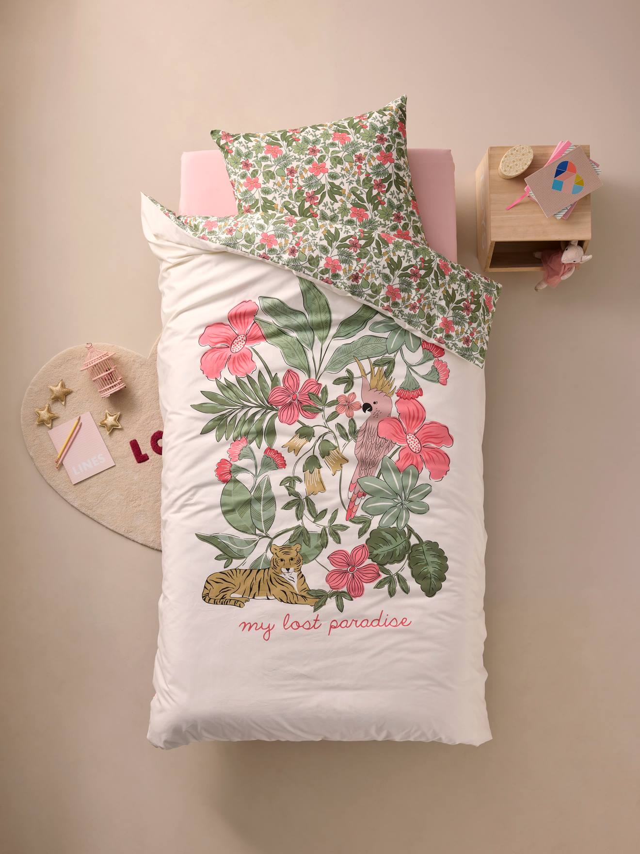Parure housse de couette + taie oreiller enfant TROPICAL, avec coton recyclé multicolore