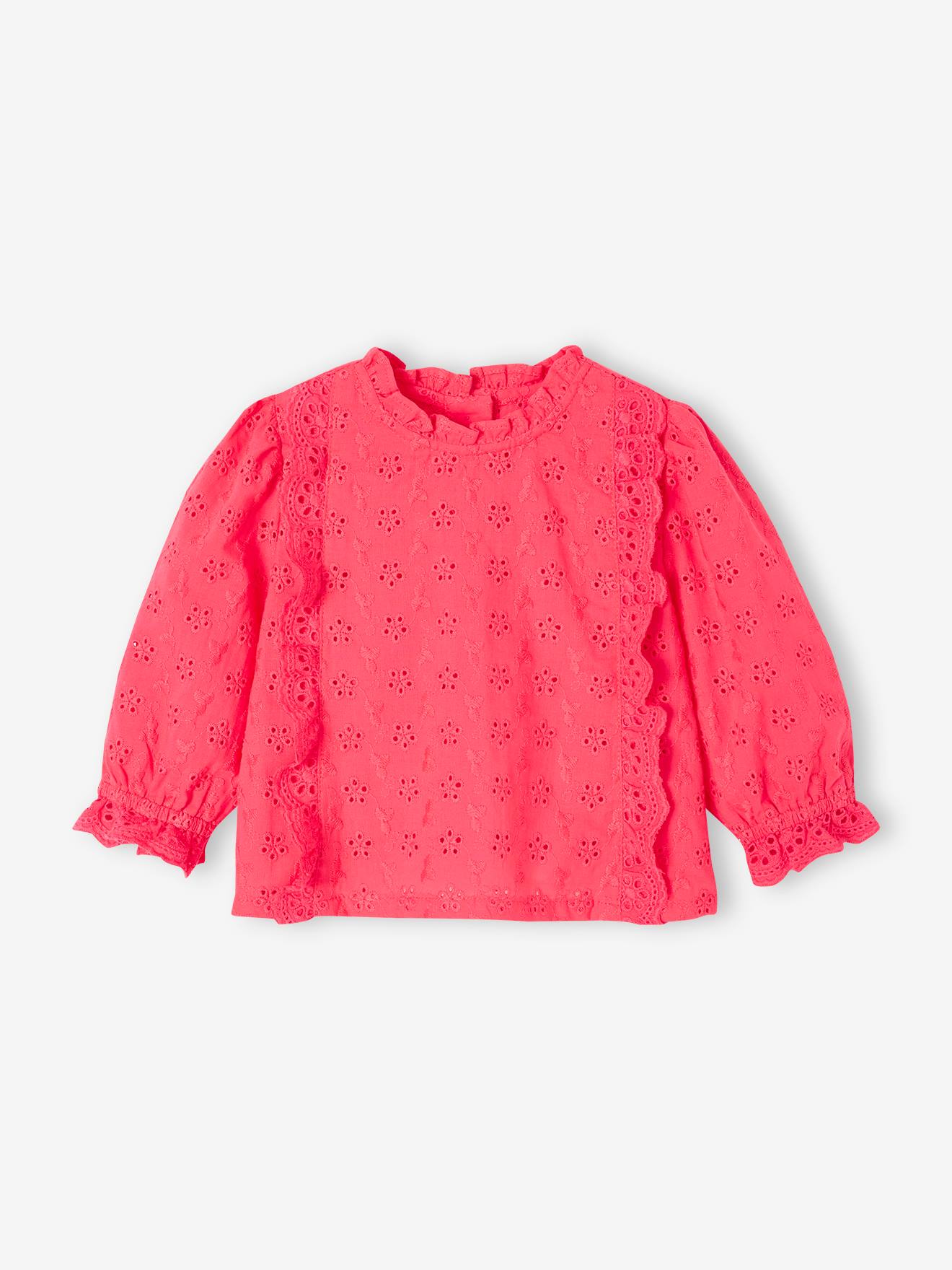 Blouse bébé broderie anglaise à volants rose bonbon
