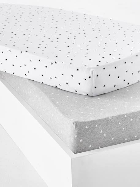 Vertbaudet - Lot de 2 draps-housses bébé en jersey extensible imprimé étoiles gris chiné/blanc