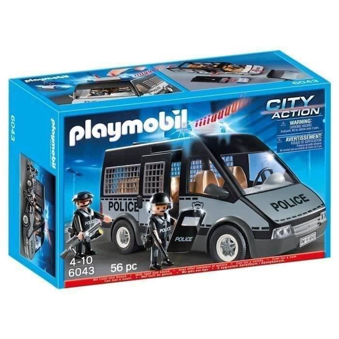 PLAYMOBIL - Playmobil 6043 Fourgon De Police Avec Sirène Et Gyrophare, City Action Les Policiers, 56 Pièces, Pour Enfant Dès 4 Ans Noir