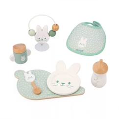 Jouet-Set Poupon Déjeuner en Bois et Bavoir en Tissus - JANOD - Inclus 7 Accessoires - Multicolore - Dès 2 Ans