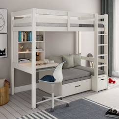 Chambre et rangement-Lit mezzanine avec bureau et chauffeuse en pin blanc 90x200 Arthur